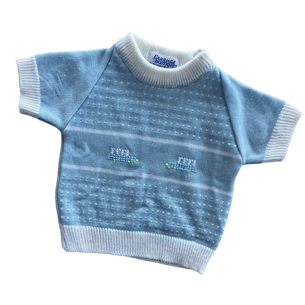 Carriage Boutiques Baby 3M Lgt Blue Trucks Crochet Short Sleeve Knit Sweater VTG
